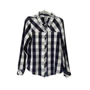 BKE‎ Womens Eased Navy Blue and White Plaid Textured Cotton Button Down Shirt Lg